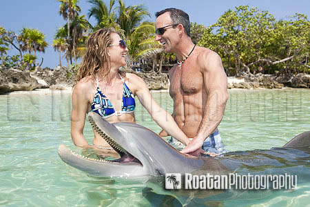 Adult couple enjoying dolphin encounter with bottle nosed dolphin stock photo