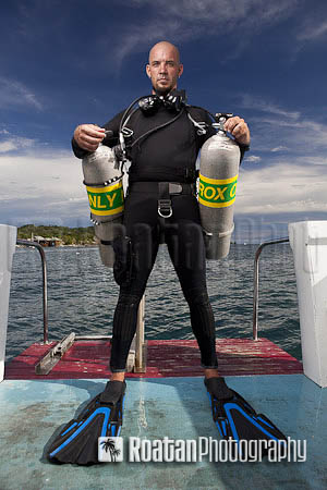 Double tank sidemount tec scuba diver stock photo